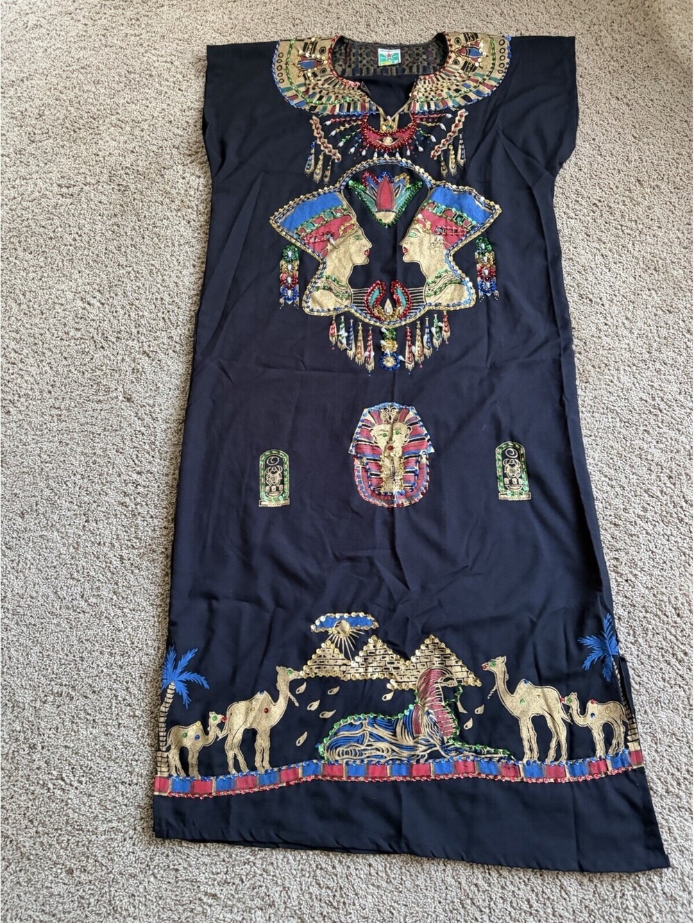 Egyptian Galabeya Kaftan Hand-Embroidered Black Maxi Dress Nefertiti Tutankhamun